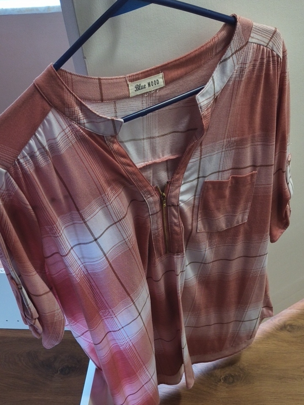Blue Mood Women's Rust-Plaid Zip Front Blouse